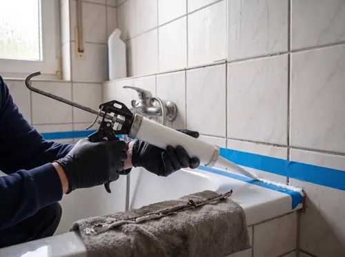 Silikonfuge an einer Badewanne wird mit der Kartuschenpistole neu gezogen